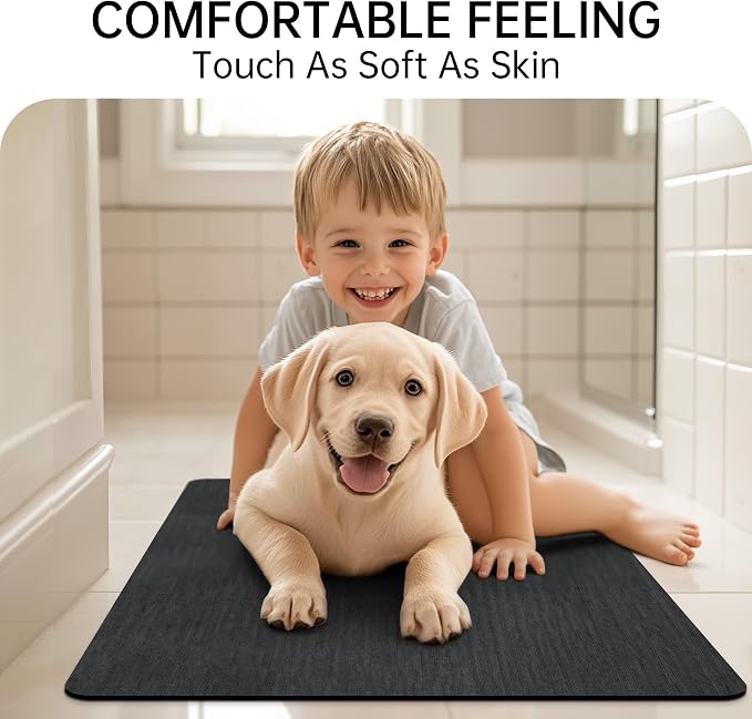 Mecko Bath Mat, Ultra Absorbent Quick Dry Bathroom Floor Mats-Rubber Non-Slip Thin Bathroom Rug Fit Under Door, Faux Suede Surface Shower Rug for Bathtub, Sink, Shower Room(Black,20"x32")