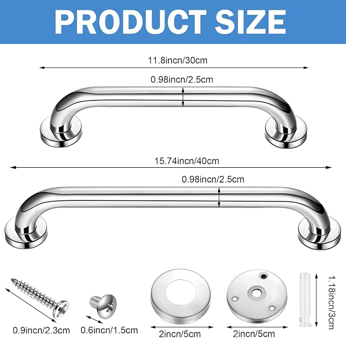 Therwen 12/16 Inch 6 Pack Shower Grab Bars Stainless Steel Bathroom Handicap Heavy Duty Handle Anti Slip Bathtub Handle Support Balance Hand Rail for Bathroom Wall Elderly Pregnant Seniors (Silver)