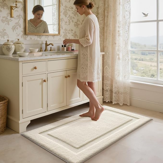 LUMI Ultra Soft Bathroom Rugs Non Slip with Rubber Backing, Absorbent Washable Bath Mat Quick Dry, Upgraded Premium Microfiber Plush Carpet for Bathtub and Shower Floor, Ivory White, 24x43