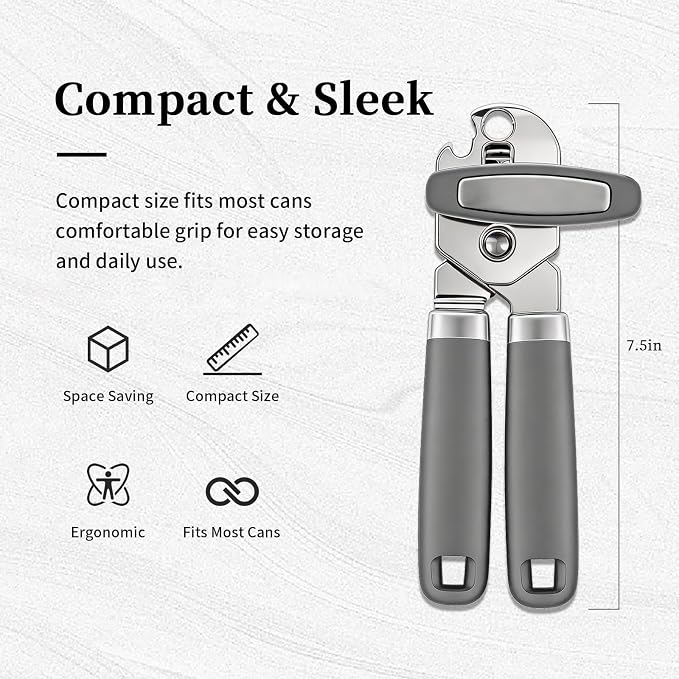 Can Opener Manual, Hand Heavy Duty Stainless Steel Bottle Opener Comfortable Handle, Sharp Blade Smooth Edge, Multifunctional Kitchen Tool, Gray