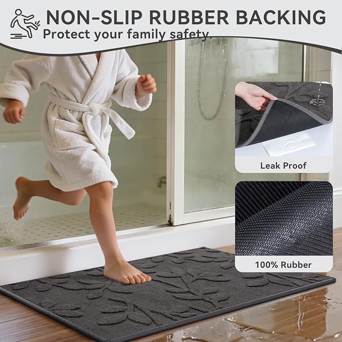 Bathroom Rugs Mat 16x24-2pc Quick Dry Absorbent Non Slip Bath Mat Bath Mats for Bathtub Mat Bathroom Carpet Fit Under Door Washable Floor Bath Rugs Grey