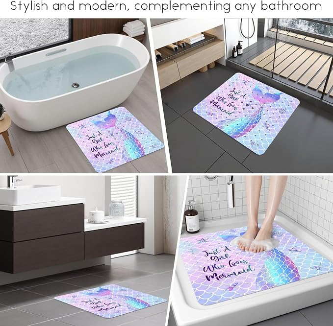 Bathtub Mat Non Slip, Mermaid Square Bath tub Mat Shower Floor Mat with Suction Cups for Adults Kids Elderly 21 X 21 Inch