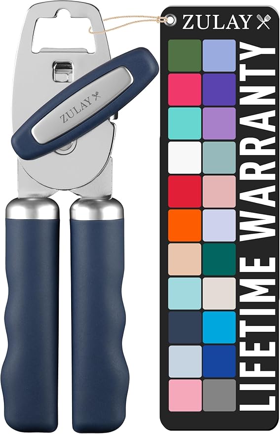 Zulay Kitchen Heavy Duty Stainless Steel Can Opener Manual with Bottle Opener - Rust Proof Manual Can Opener With Turn Knob & Comfy Soft Grip Handles - Blue