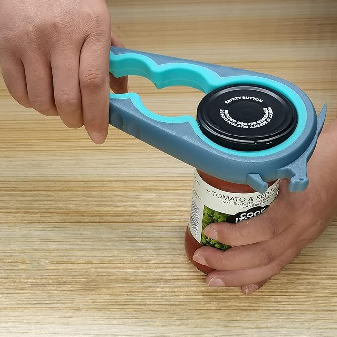 Otstar Jar Opener for Weak Hands，5 in 1 Bottle Opener for Seniors with Arthritis - Multifunctional Lid Remover Set, Includes Non-slip Rubber Jar Gripper Pad, Wine Opener (Blue and Grey)