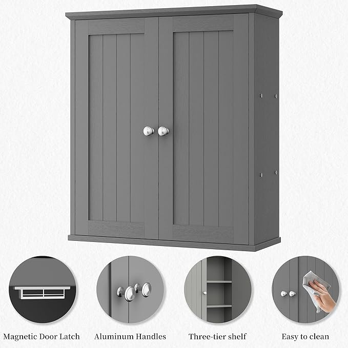 Shintenchi Bathroom Wall Medicine Cabinet with 2 Door, Bathroom Storage Organizer Over The Toilet,Space Saving Storage with 3-Tier Shelves,Gray