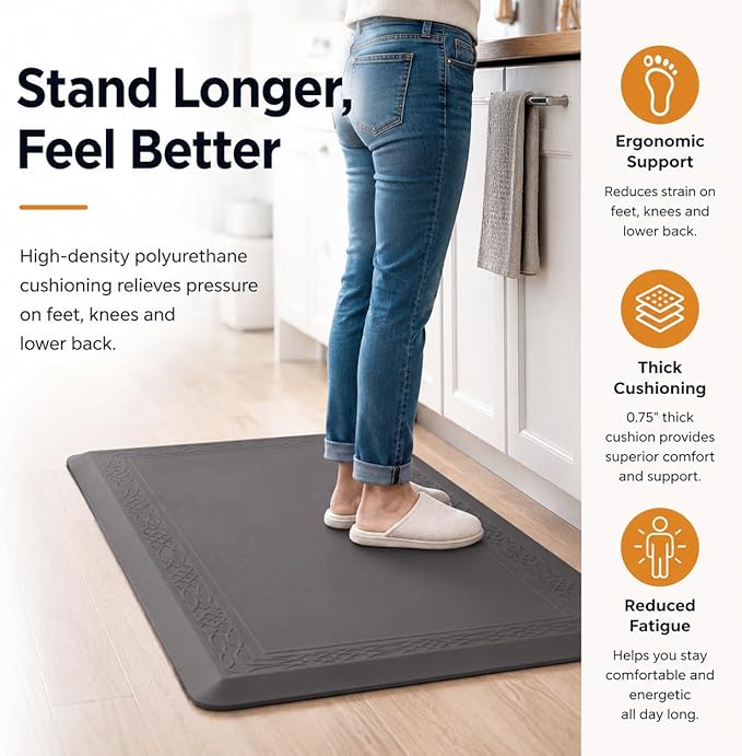 24 x 60 Inch Extra Support Anti Fatigue Comfort Kitchen Mat, Waterproof Long Kitchen Runner, Non-Slip Standing Desk Mat, Commercial Pads for Offices, Home, Garages (Bordeaux Grey, 24'' x 60'')