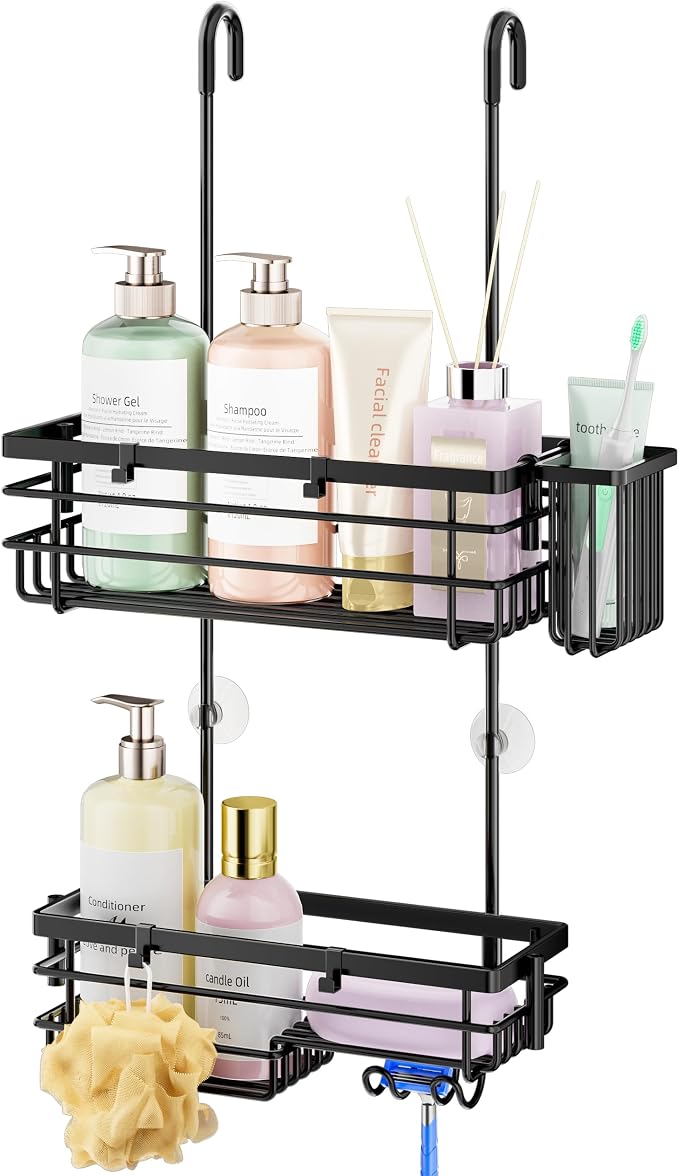 HapiRm Hanging Shower Caddy Organizer - No Drilling Shower Shelves with Hooks and Toothbrush Holder, Rustproof 304 Stainless Steel Bathroom Organizer - Black