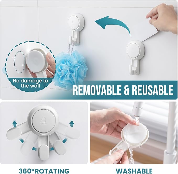 TAILI 4 Pack Powerful Suction Cup Shower Hooks for Towel, Loofah, 360° Rotatable Damage-free Hanging Versatile Wall Hooks for Inside Bathroom, Decoration, Removable Suction Holders, Easy to Use, White