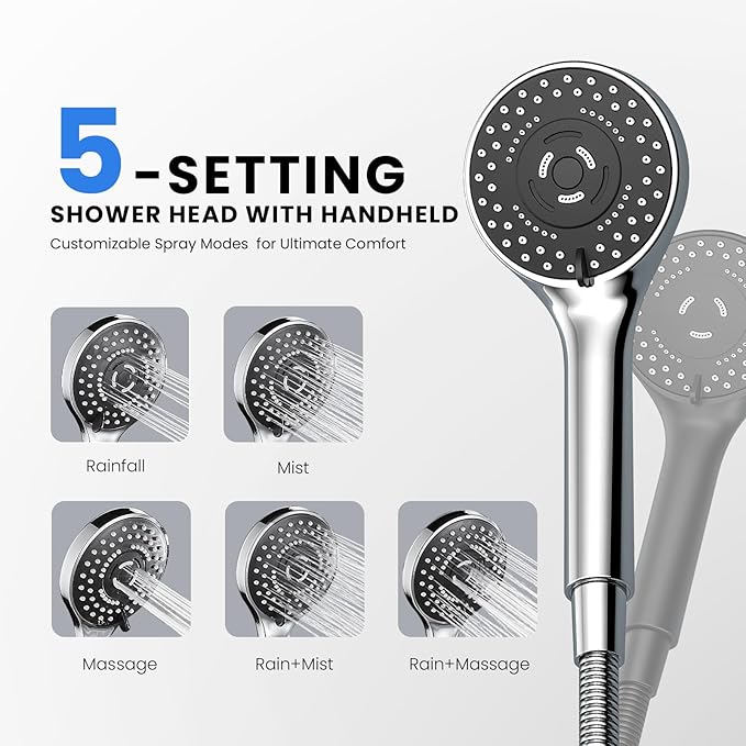 Wide Rain Shower Head With 5 Modes Handheld Showerheads, High Pressure Showerhead Combo with Extension Arm for Bathroom Accessories, Adjustable Shower Head with Anti-Clog Nozzles (Chrome)