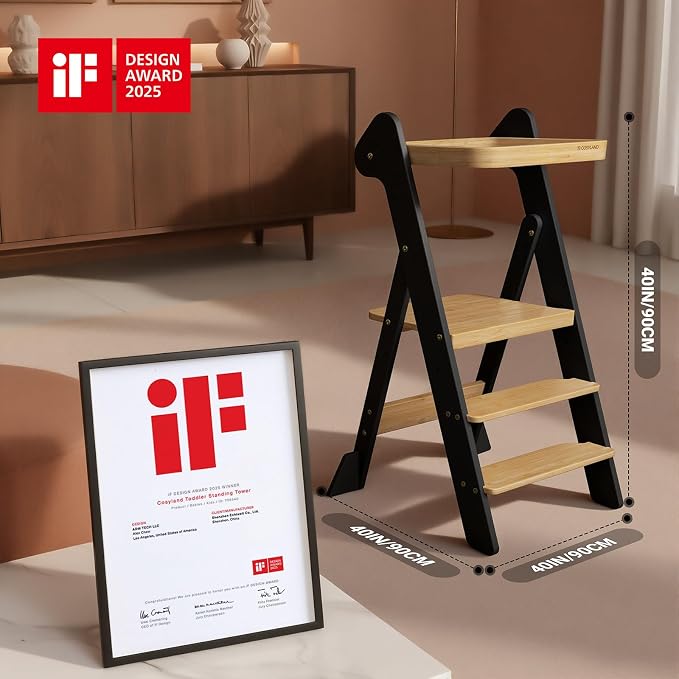 COSYLAND Foldable Standing Tower – IF Design Awarded Toddler Kitchen Step Stool with Safety Net & Large Side Support Legs– Height Adjustable Toddler Learning Helper Stool (Black & Natural)-Foldi