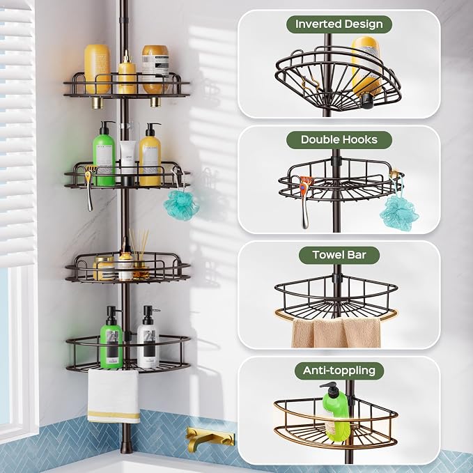 HAMITOR Shower Caddy Tension Pole: 4-Tier Rustproof Bathroom Corner Shelf Organizer for Renters - No Drill Large Shampoo Storage Rack Adjustable 47-121 Inch - Space Saving Bathtub Accessory - Bronze