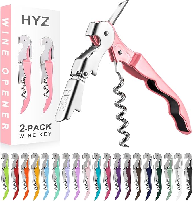 HYZ 2-Pack Wine Opener Waiter Corkscrew, Professional Wine Key for Servers, Bartender with Foil Cutter, Manual Wine Bottle Opener Double Hinged (Pink Mesa)