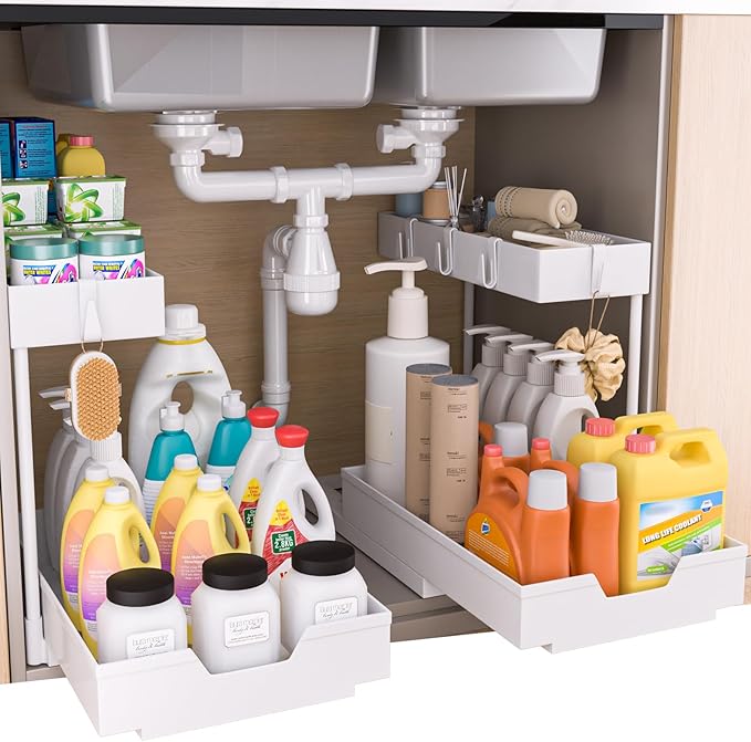 NATURE'S SOURCE 2-Tier Under Sink Organizers and Storage 2 Pack Sliding L-shape Under Cabinet Organizers For Narrow Space Multi-purpose Sink Organizer for Bathroom Kitchen Drawer(White 2 Pack)