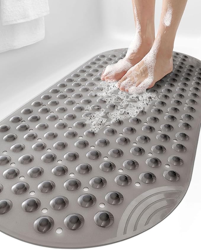 DEXI Bathtub Mat Non Slip 16x35, Shower Floor Mats for Bathroom Bath Tub, Washable Oval Bathmat with Suction Cups and Drain Holes, Clear Gray