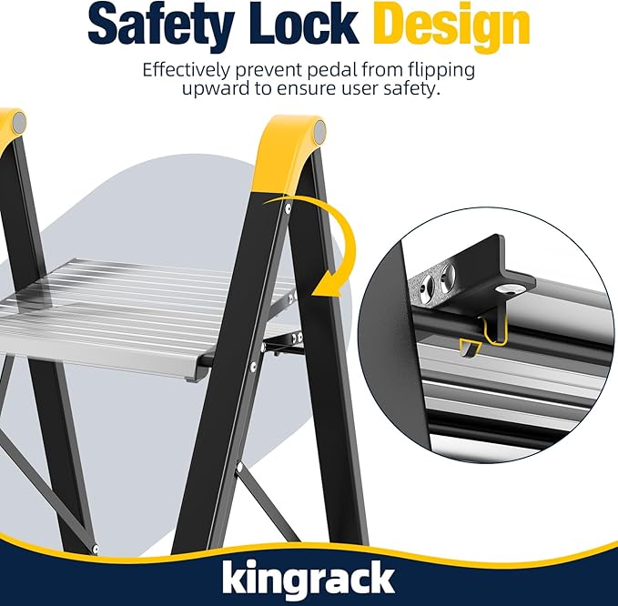 KINGRACK Aluminum Step Ladder, 2 Step Ladder Folding Design, Step Stool Foldable with Safe Grip, Non-Slip Handrails, Safety Lock, Heavy Duty 330LBS for Home, Kitchen, Garage, RV, Black