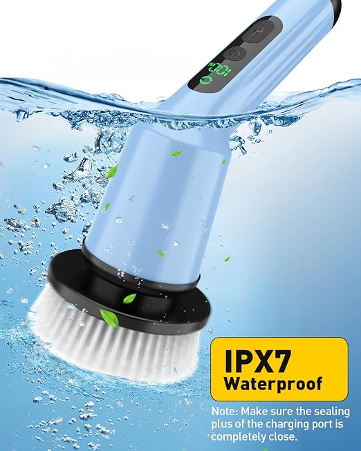 Electric Spin Scrubber for Cleaning Bathroom, Shower Scrubber Cordless Cleaning Brush with IPX7 Waterproof & 2 Speed, 3 Brush Heads, Bathroom Cleaning Supplies for Shower Tub Kitchen Tile Toilet Sky