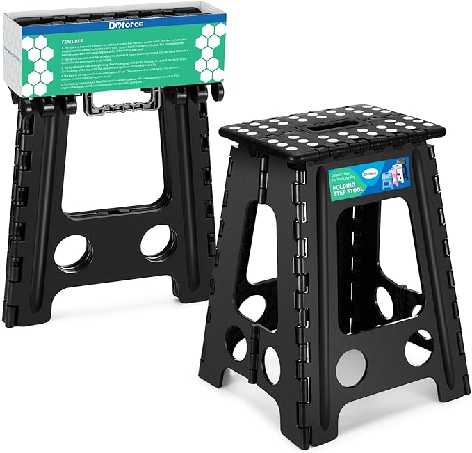 Dyforce 17.5 Inch Folding Step Stool, 400 lbs Heavy Duty Non-Slip Foldable Plastic Step Stool for Adults, Collapsible Stepping Stool with Handle for Kitchen Bathroom Bedroom Office (Black 1PC)