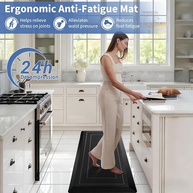 UKISS 9/10"" Extra Thick Cushioned Anti Fatigue Kitchen Mat, Waterproof High Density Foam Standing Desk Mat, Non-Slip Ergonomic Comfort Mat for Kitchen, Office,Workstation Black (Black, 20" X 48")
