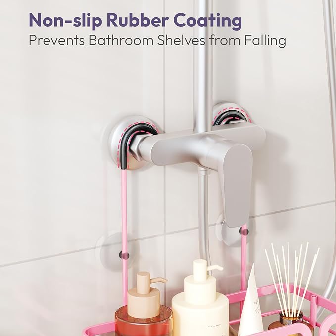 SWTYMIKI Shower Caddy Hanging Organizer - Over the Door Shower Caddy with 6 Hooks, 2 Installation Ways, Stainless Steel Rustproof Bathroom Organizer, Pink Small