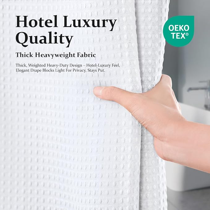 Dynamene White Fabric Shower Curtain, Waffle Weave Heavy Duty Thick Fabric Shower Curtains for Bathroom, 256GSM Weighted Hotel Luxury Cloth Shower Curtain Set with 12 Plastic Hooks, 72Wx72H, White
