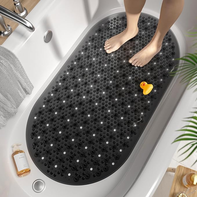 HITSLAM Non Slip Bathtub Mat, 27x15 Inch Bath Mat for Tub with Suction Cups and Drainage Holes, Machine Washable Oval Shower Mat for Kids, Seniors and Daily Use, Phthalate Free PVC, Black