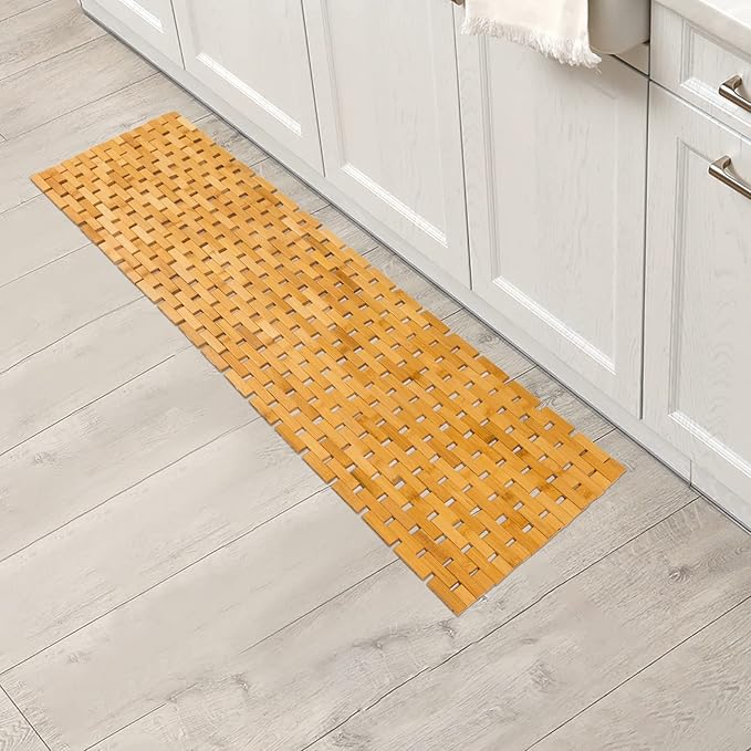 Bambo Bath Mat Bathroom Runner Long Large Rugs Floor Wood Shower Bathtub Waterproof Non Slip Accessories 16x48 Inch Easy to Clean, Natural, 1 pc