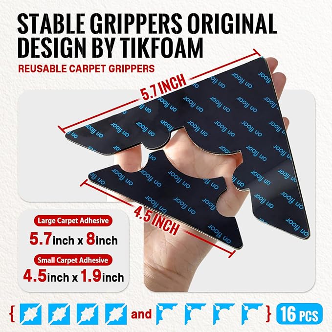 Rug Non Slip Grippers, Reusable Rug Tape, No Damaging for Floor, Carpet Corner Stickers for Hardwood Floors and Tiles, Strong Hold Carpet Gripper for Area Rugs,16Pcs