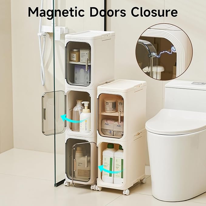 UFORU 2-Tier Narrow Storage Cabinet with Magnetic Doors and Shelves, Plastic Slim Bathroom Organizers and Storage with Wheels for Small Spaces Bathroom, Kitchen, White