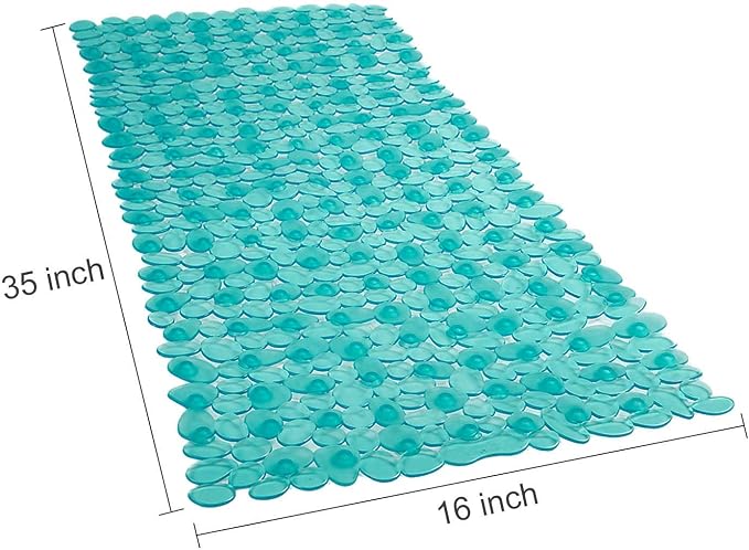 WELTRXE Non Slip Bath Mat Pebbles Bathtub Mat with Suction Cups, Drain Holes for Bathroom Showers, Tub, 35 x 16 Inches Machine Washable Bathroom Mats BPA, Latex Free Safe Shower Mats - Teal