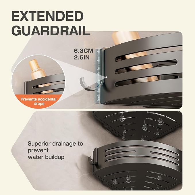 Lekesky Corner Shower Caddy Suction Cup, Corner Shower Shelf with Hooks, Bathroom Shelves No Drilling, Bathroom Organiser for Bathrooms Storage (Aluminum, 2-Pack, Gunmetal Grey)