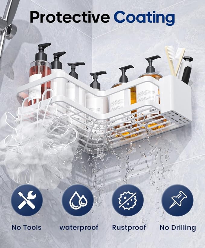 3 Pack Corner Shower Caddy Organizer, Rustproof Corner Shower Shelves, No Drilling Bathroom Corner Shelf with Hooks and Toothpaste Holder