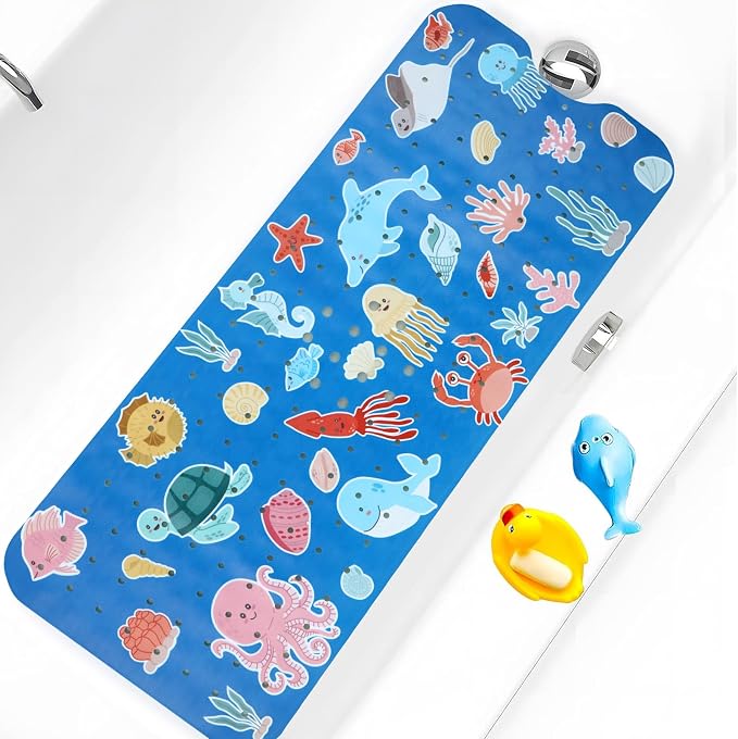 Bath Tub Shower Mat Non Slip Kids Bathtub Mat Anti Slip Baby Bath Mat for Tub 40 x 16 Inch Extra Long Toddler Bath Mat with Suction Cups and Drain Holes for Bathroom Floor,Machine Washable,Octopus