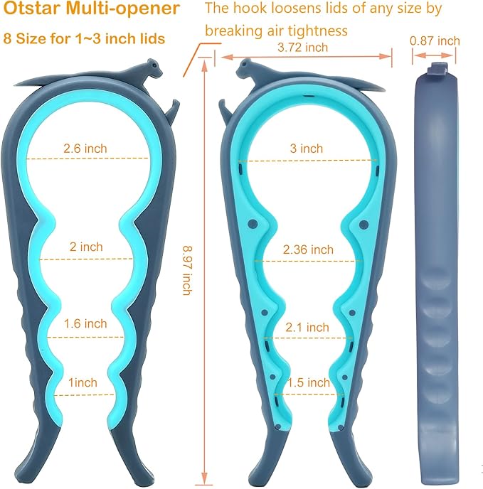 Otstar Jar Opener for Weak Hands，5 in 1 Bottle Opener for Seniors with Arthritis - Multifunctional Lid Remover Set, Includes Non-slip Rubber Jar Gripper Pad, Wine Opener (Blue and Grey)