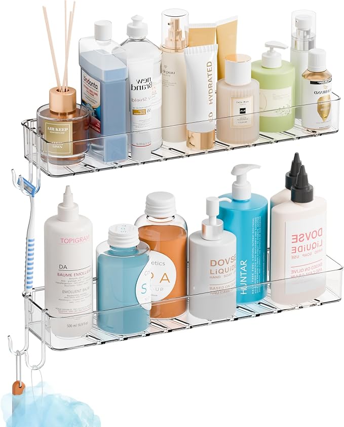 Yieach 2 Pack Clear in Shower Organizers,Adhesive Shower Caddy,No Rust Acrylic Shower Shelves & Storage Rack,Plastic Bathroom Shelves,Bathtub Storage Organizer,Shampoo,Conditioner Holder for Washroom