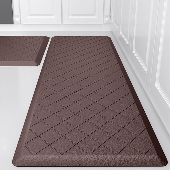 Cushioned Kitchen Mat 2 PCS, Anti Fatigue Kitchen Rugs, Heavy Duty Kitchen Rugs and Mats Non-Skid, Ergonomic Comfort Foam Kitchen Floor Mat for Home, Office, Sink, Laundry - Brown