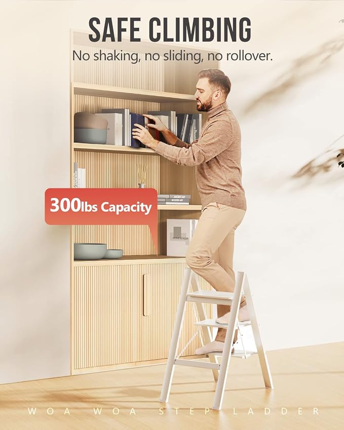 WOA WOA 3 Step Ladder, Foldable Step Stool, Lightweight Ladder for Home Kitchen Closet, Anti-Slip Aluminum Pedals, Ease of Folding, Portable, 300lbs Capacity - White