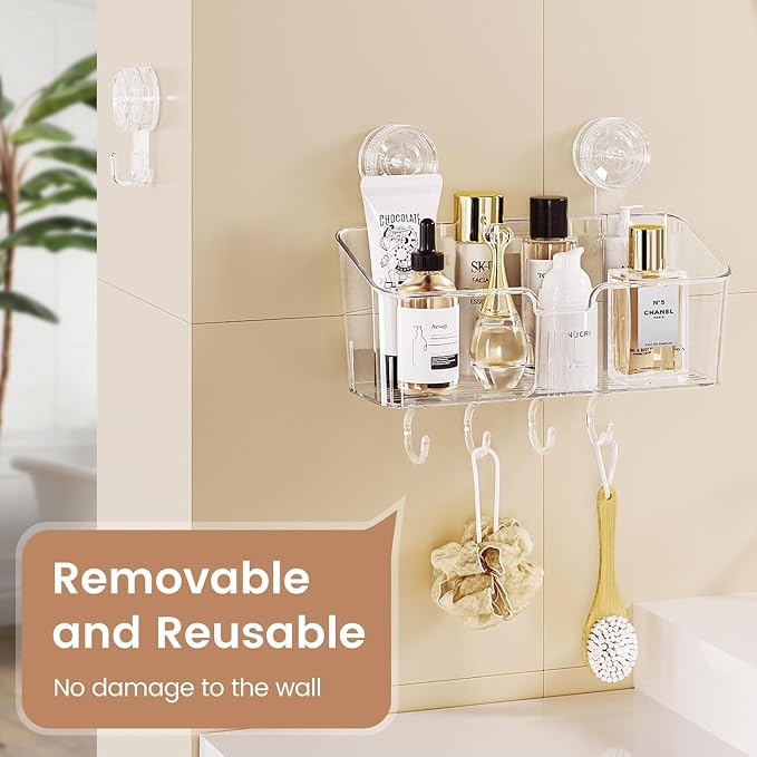 LUXEAR Suction Cup Shower Caddy Clear - Shower Caddy+Soap Dish+Suction Hooks - 1 Second Installation NO-Drilling Removable Powerful Waterproof Shower Organizer for inside Shower Bathroom