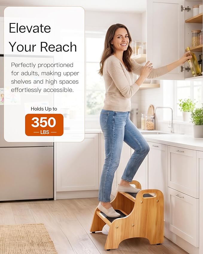 StrongTek Wooden 2-Step Stool for Kids, Non-Slip Surface with Handles, 350 lb Capacity, Toddler Step Stool for Bathroom, Kitchen and Bedroom (Natural)