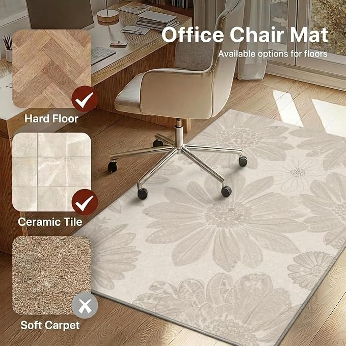 48"x72" Office Chair Mat for Hardwood Tile Floor, Under Desk Carpet Protector for Rolling Computer Chair Mat, Machine Washable Area Rug, Anti-Slip 1/5" Thick Low Pile Thin Vinyl Floor Mat, Dusty Beige