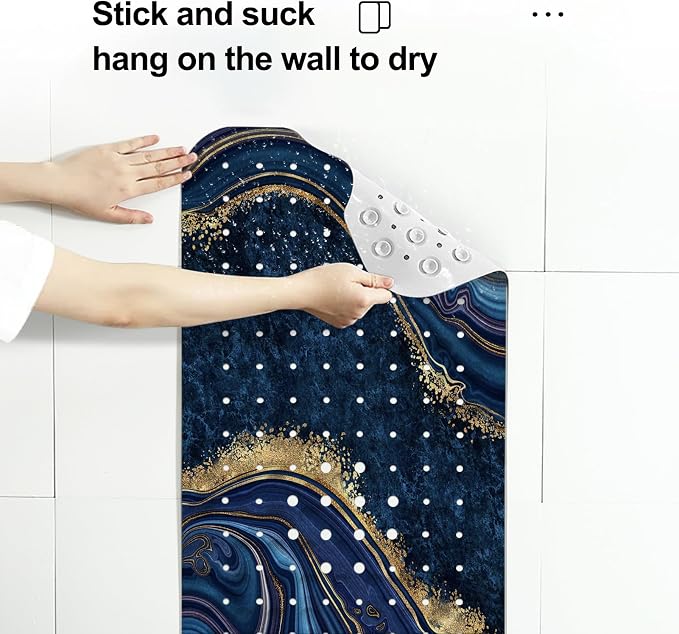 LNOND Marble Bath Tub Mat Non Slip, Extra Long 40 X 16 Inch Anti Slip Mat for Bathtub, Blue Luxury Marble Shower Mat with Drain Holes and Suction Cups, Machine Washable
