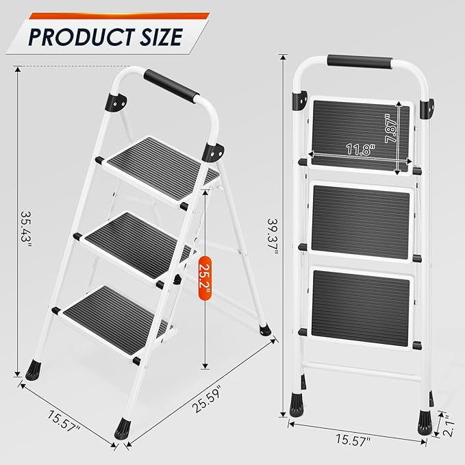 Urackify Step Ladder, 3 Step Ladder with Anti-Slip and Wide Pedal, Portable Foldable Step Stool with Handgrip, Sturdy Step Ladder for Home Kitchen Household, White