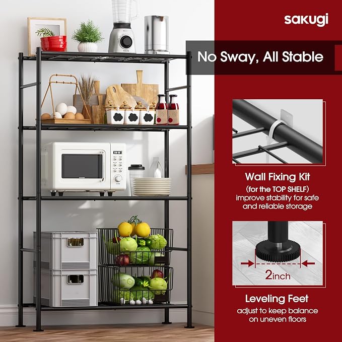 Sakugi Storage Shelves - 4 Tier Shelf Organizer, Heavy Duty Garage Shelving Unit with Leveling Feet, Stable Metal Shelves Organizer for Pantry, Kitchen and Closet, 33.0" W x 12.6" D x 57.2" H, Black