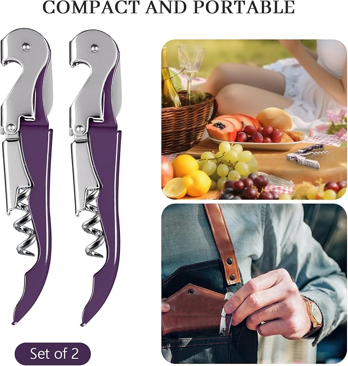 HYZ 2-Pack Wine Opener Waiter Corkscrew, Professional Wine Key for Servers, Bartender with Foil Cutter, Manual Wine Bottle Opener Double Hinged (Plum)