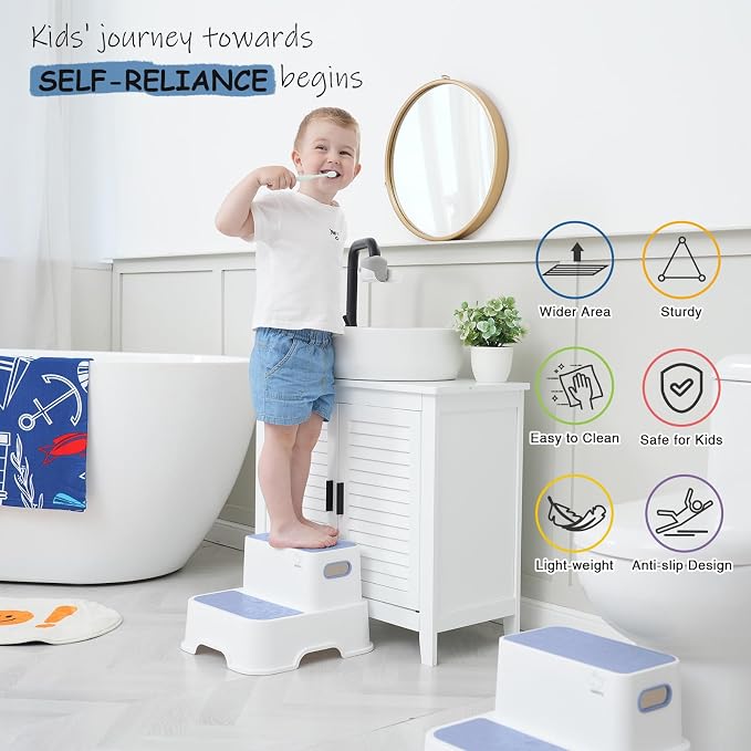Harwaya Blue Toddler Step Stool for Bathroom Sink 2 Pack, Kids Step Stools for Boys Toilet Potty Training, Plastic Stepping Stool for Toddlers Child Kid Kitchen Bedroom (Included Two Faucet Extender)