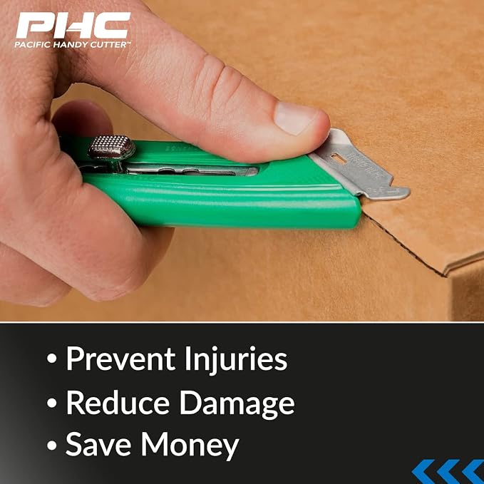 Pacific Handy Cutter S4R Safety Cutter, Retractable Utility Knife with an Ergonomical Design, Bladeless Tape Splitter, Steel Guard for Safety and Damage Protection, for Warehouse and In-Store Cutting , Green