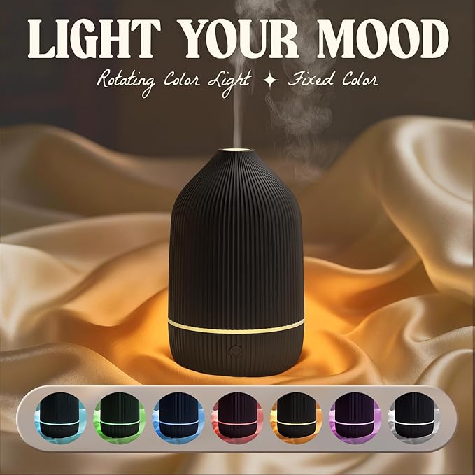 Essential Oil Diffuser, 100ml Aromatherapy Diffuser, Mini Ultrasonic Diffuser for Essential Oil, Home, Office, Cool Mist Humidifier with 7 Led Light, Auto Shut-Off, Black