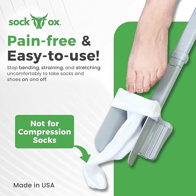 Sock Ox by Easy to Use Products - Adjustable Sock Aid Device for Seniors - Not for Compression Socks - Travel-Friendly for Elderly with Built-in Shoe Horn - Adjustable Up to 36 Inches in Length