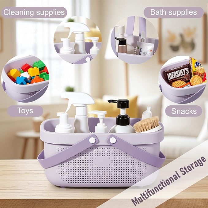 JiatuA Plastic Storage Basket with Handle Portable Shower Caddy Tote Organizer Basket Bin for Bathroom Kitchen Dorm Room Bedroom, ‌Purple