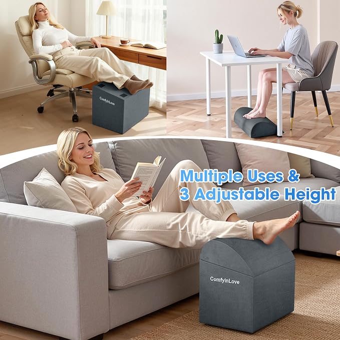 Foot Rest for Under Desk at Work - Non-Slip Foot Stool with 3 Adjustable Heights, Ergonomic Under Desk Footrest with Washable Cover for Leg Elevation, Desk, Home, Office, Car (Dark Grey)