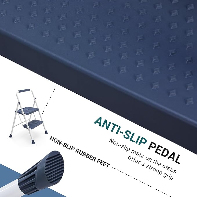 Smug Step Ladder, 2 Step Stool Foldable with Anti-Slip Pedal & Comfortable Handrail, 800lbs Capacity Sturdy Steel Ladder, Protable Heavy Duty Step Stool for Kitchen, Garage & Outdoor Use, Blue